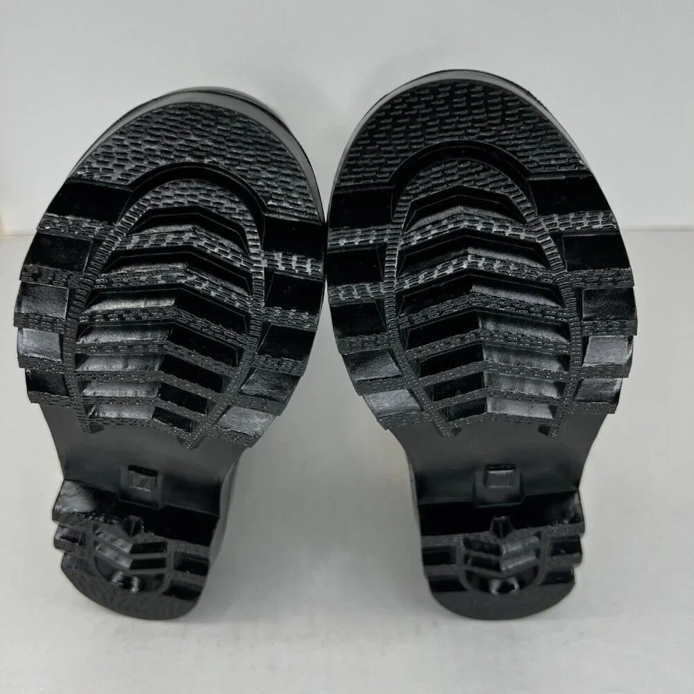 Kushyshoo Womens Black Striped Heart Rubber Mid Calf Size 7 Rain Boots